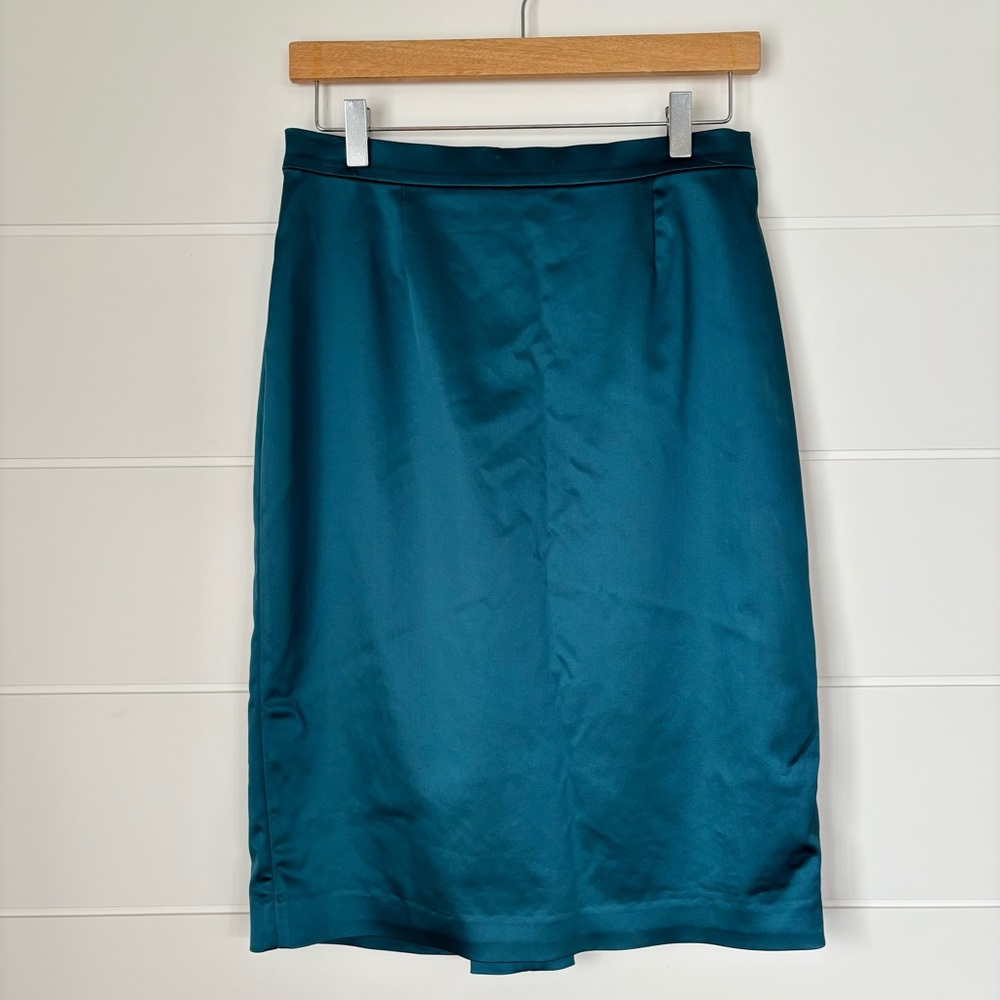 St. John Evening Teal Satin Pencil Skirt Women's Size 6 (flawed)